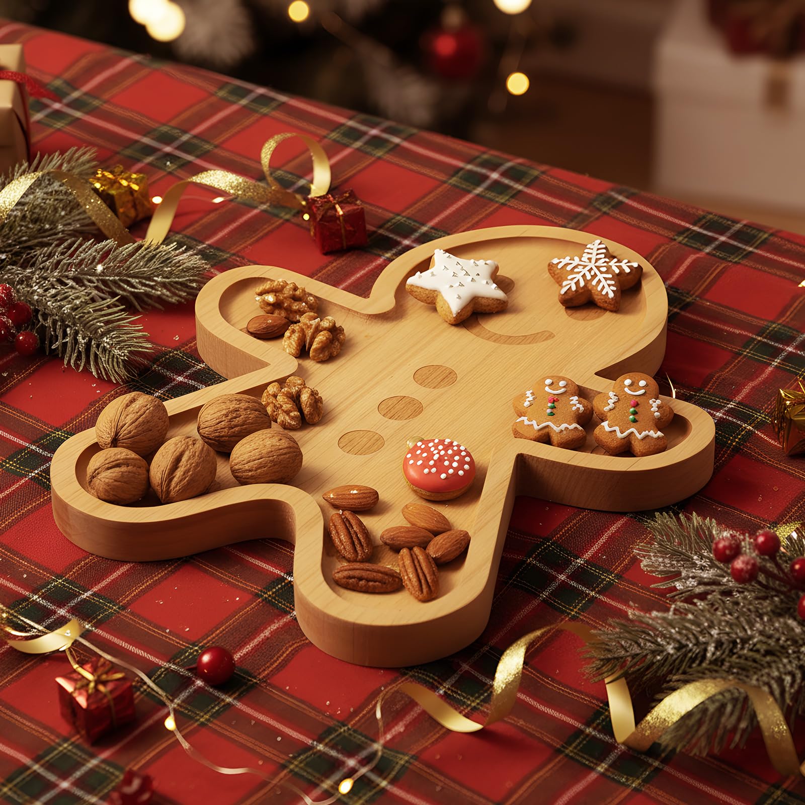 Bokon plato servir quesos y frutas para Navidad, presentación elegante.