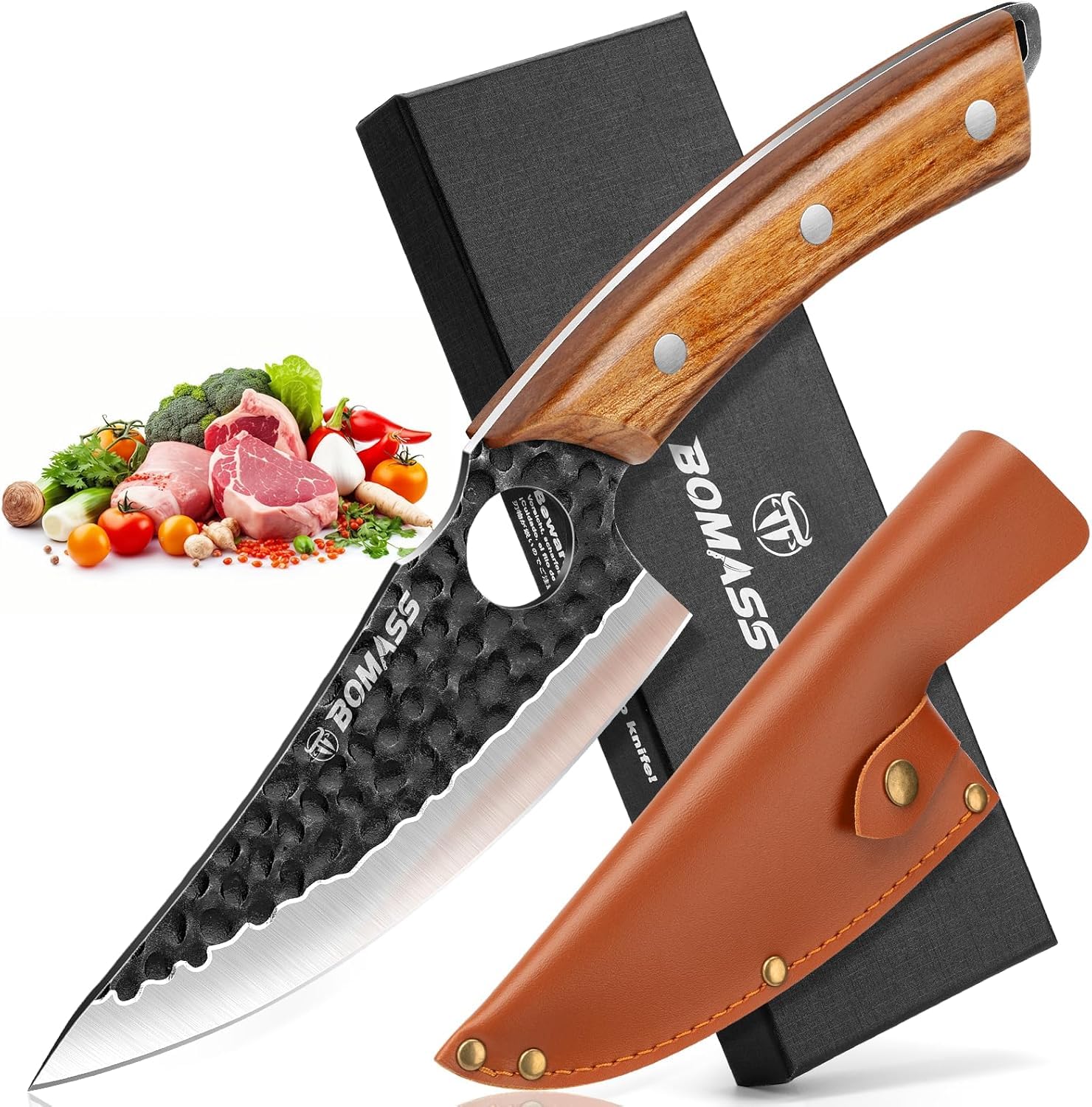 BOMASS cuchillo japonés Santoku forjado a mano con corte preciso para carne y verduras.