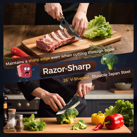 BOMASS Santoku ergonómico con mango de roble para agarre seguro.