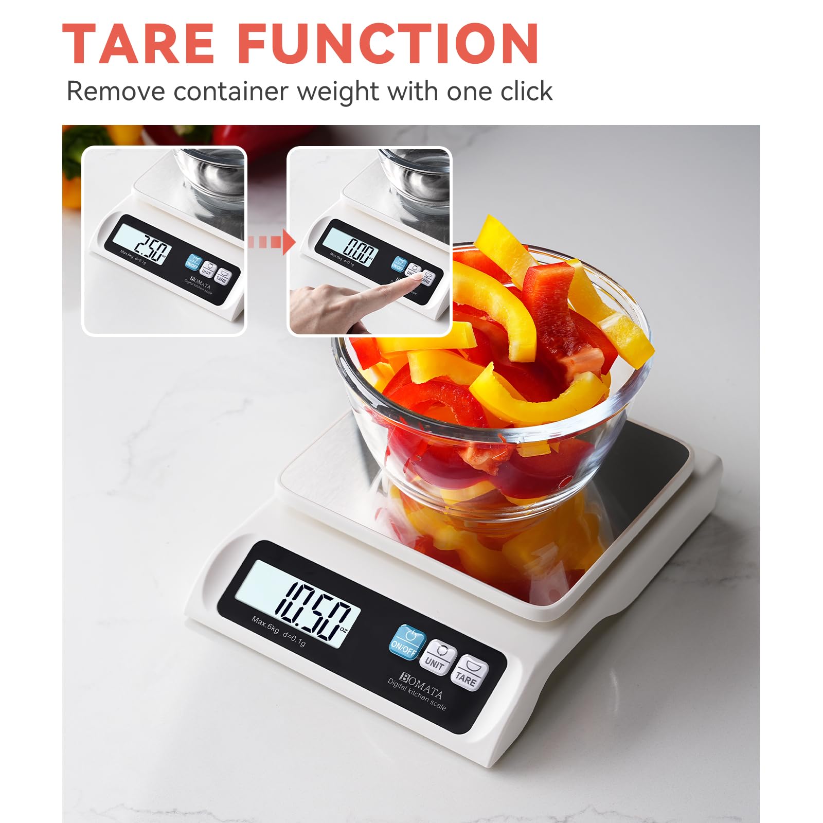 BOMATA uso versátil para hornear, cocinar y pesar porciones con precisión