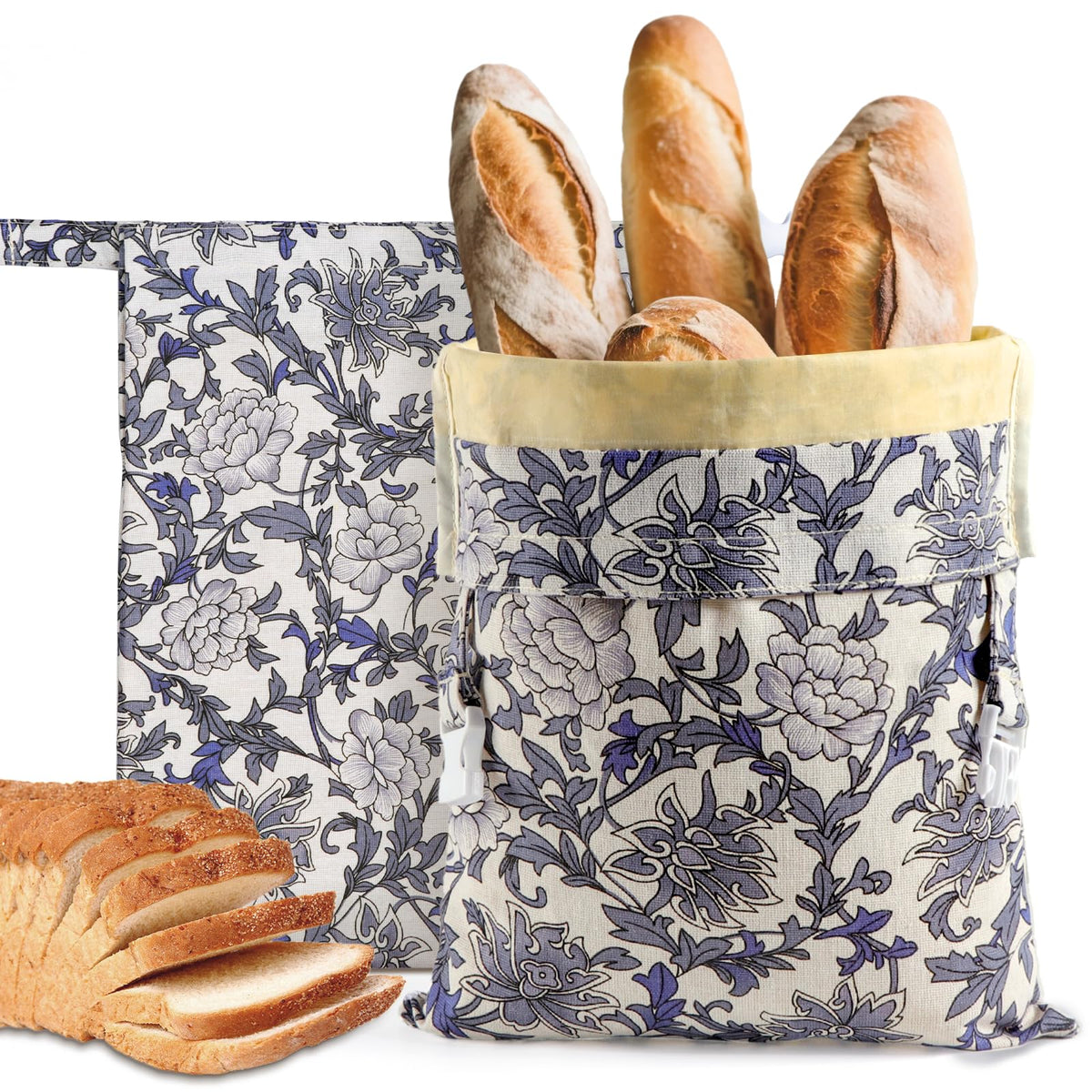 Bomis Bolsas para pan reutilizables con patrón exterior y cierre de hebilla para almacenamiento elegante.