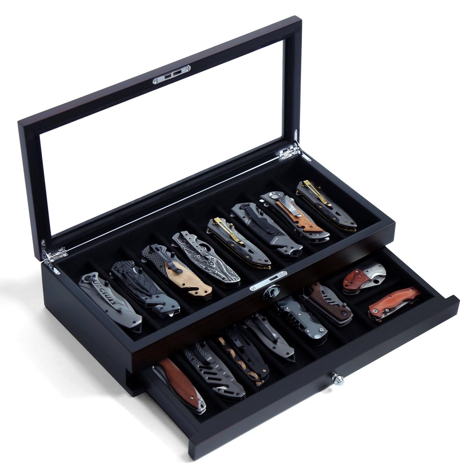 Bonaking caja cuchillos con ventana de cristal para exhibir tu colección sin arañazos.