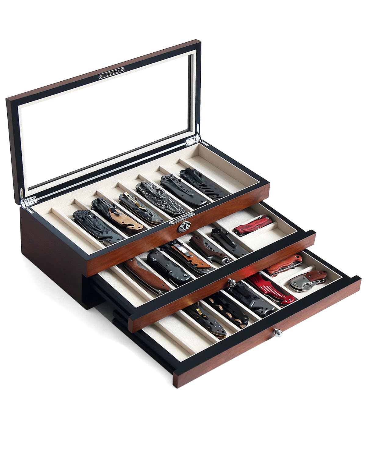 Bonaking caja exhibicion cuchillos tres niveles con vidrio, muestra con estilo tu colección.