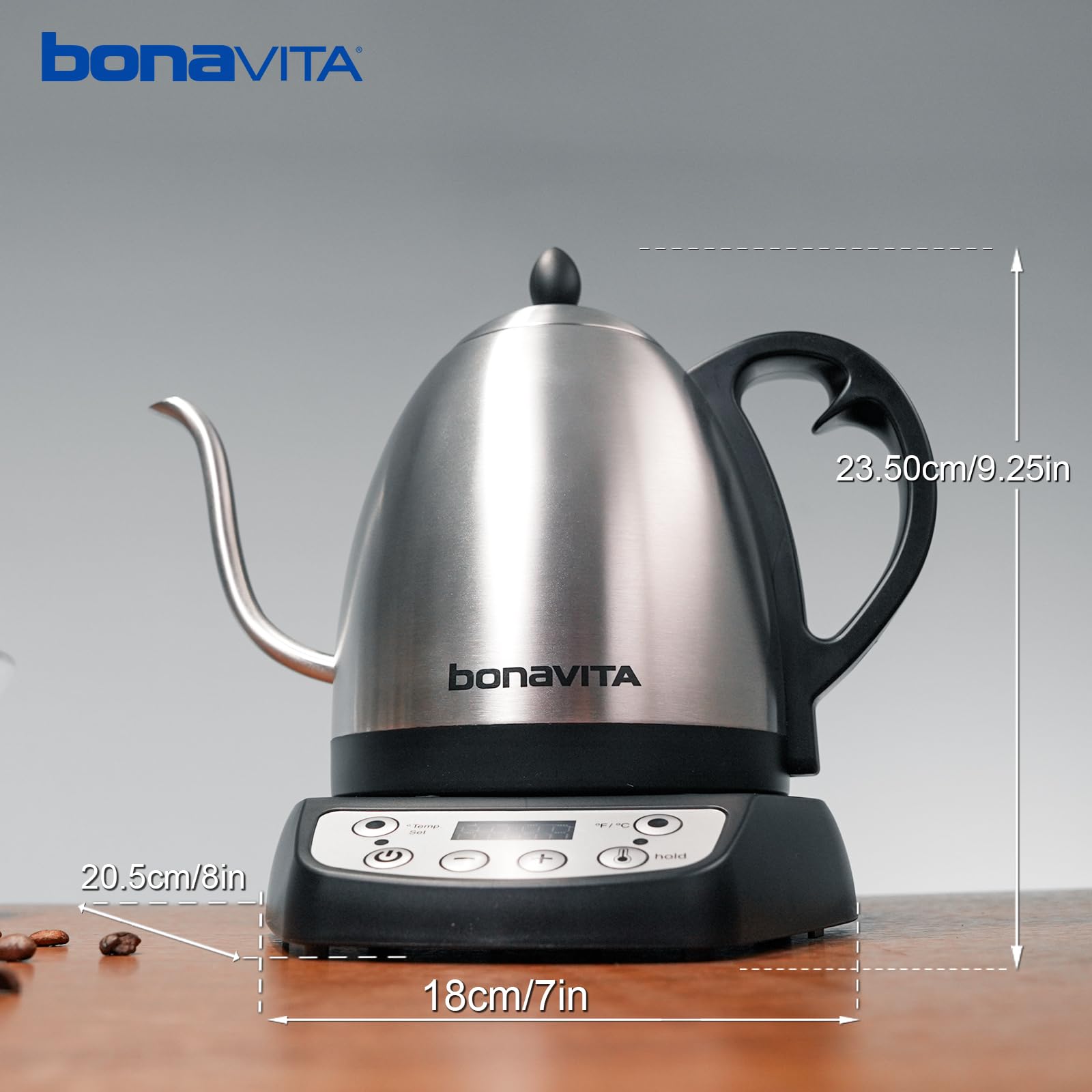 Tetera Bonavita con vertido controlado y iluminación LED para infusiones precisas.