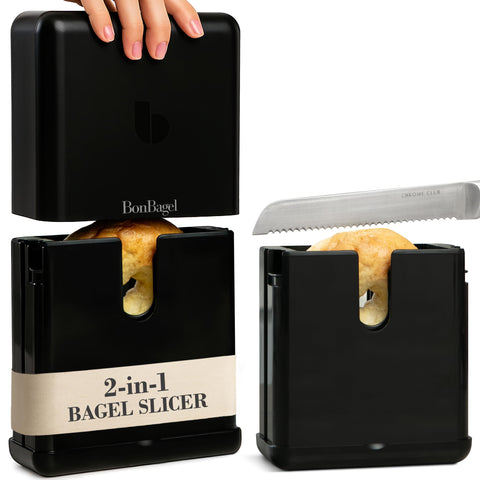 BonBagel cortador de bagels con guía auto-centrante para cortes uniformes en casa.