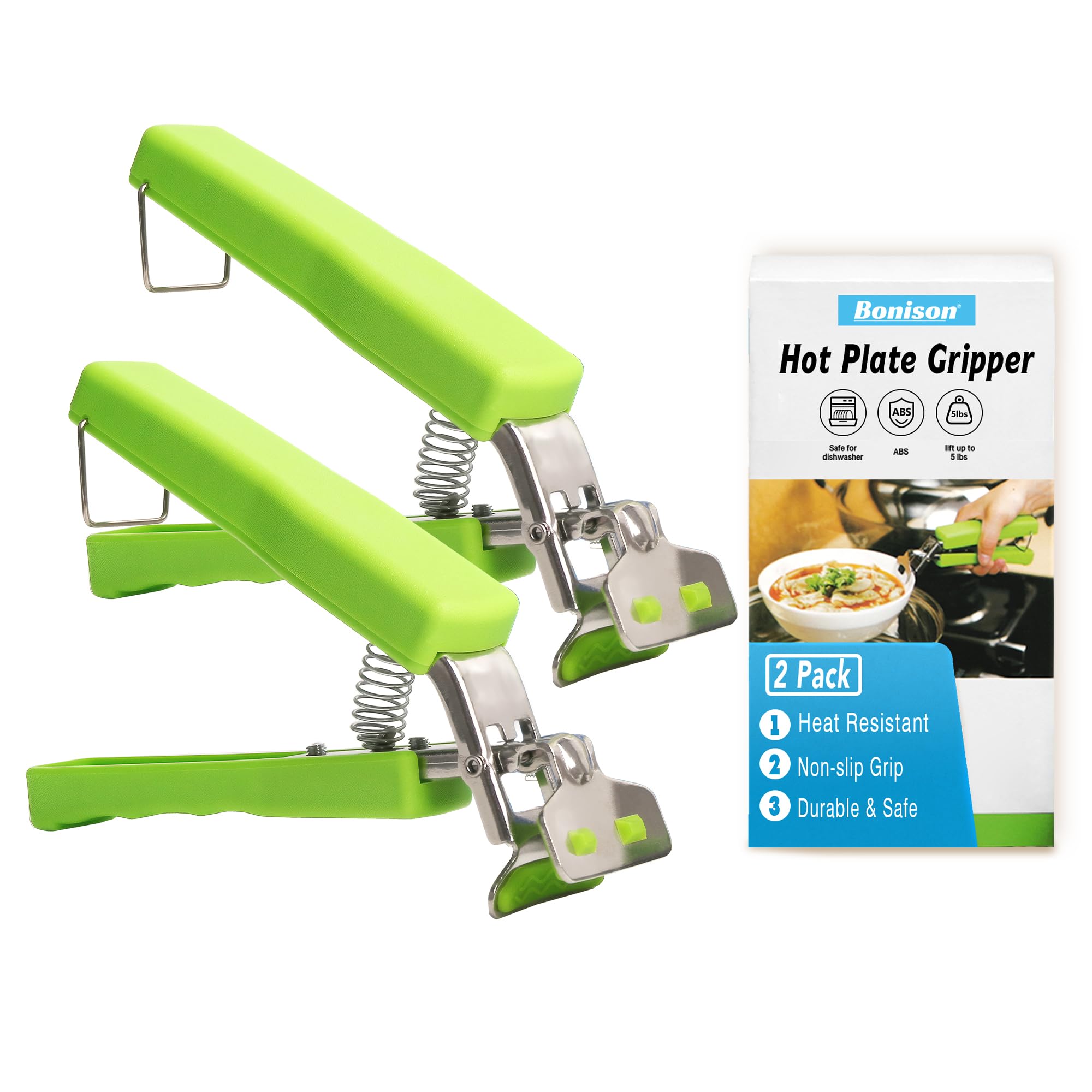 Pinzas Bonison con mango de silicona para agarre seguro de platos calientes.