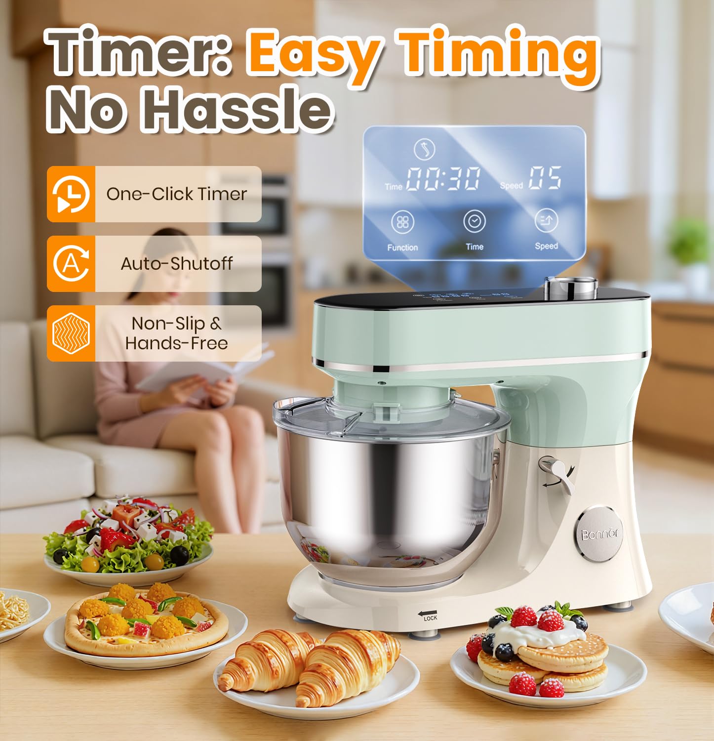 Bonnor batidora 6qt con programas automáticos para batidos y mezclas rápidas.