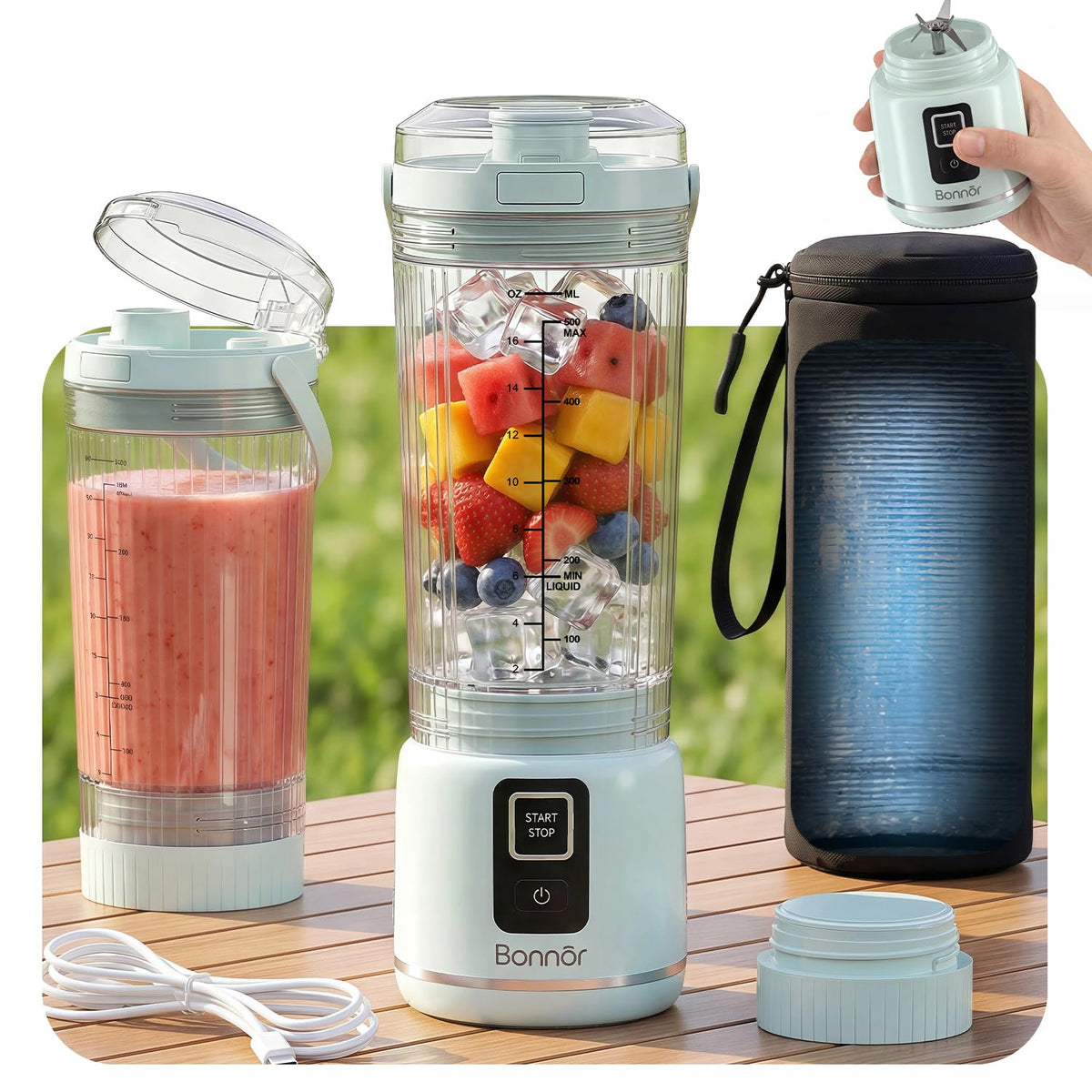 Bonnor licuadora portátil azul en primer plano, lista para batidos rápidos en casa