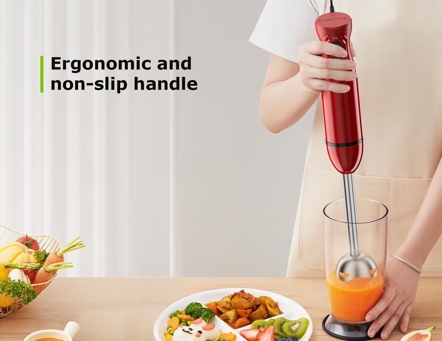 Bonsenkitchen batidora de mano con diseño ergonómico para mayor comodidad.