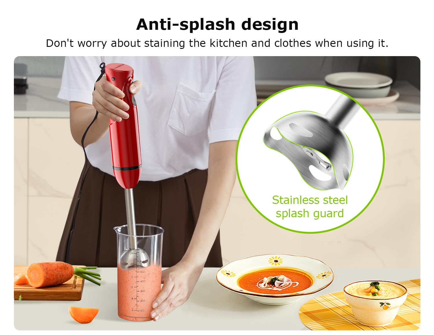 Bonsenkitchen batidora de mano con hojas de acero inoxidable para precisión.