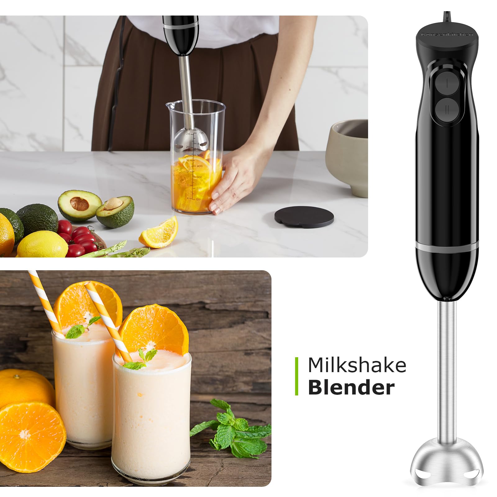 Bonsenkitchen batidora de inmersión, diseño ergonómico para uso cómodo