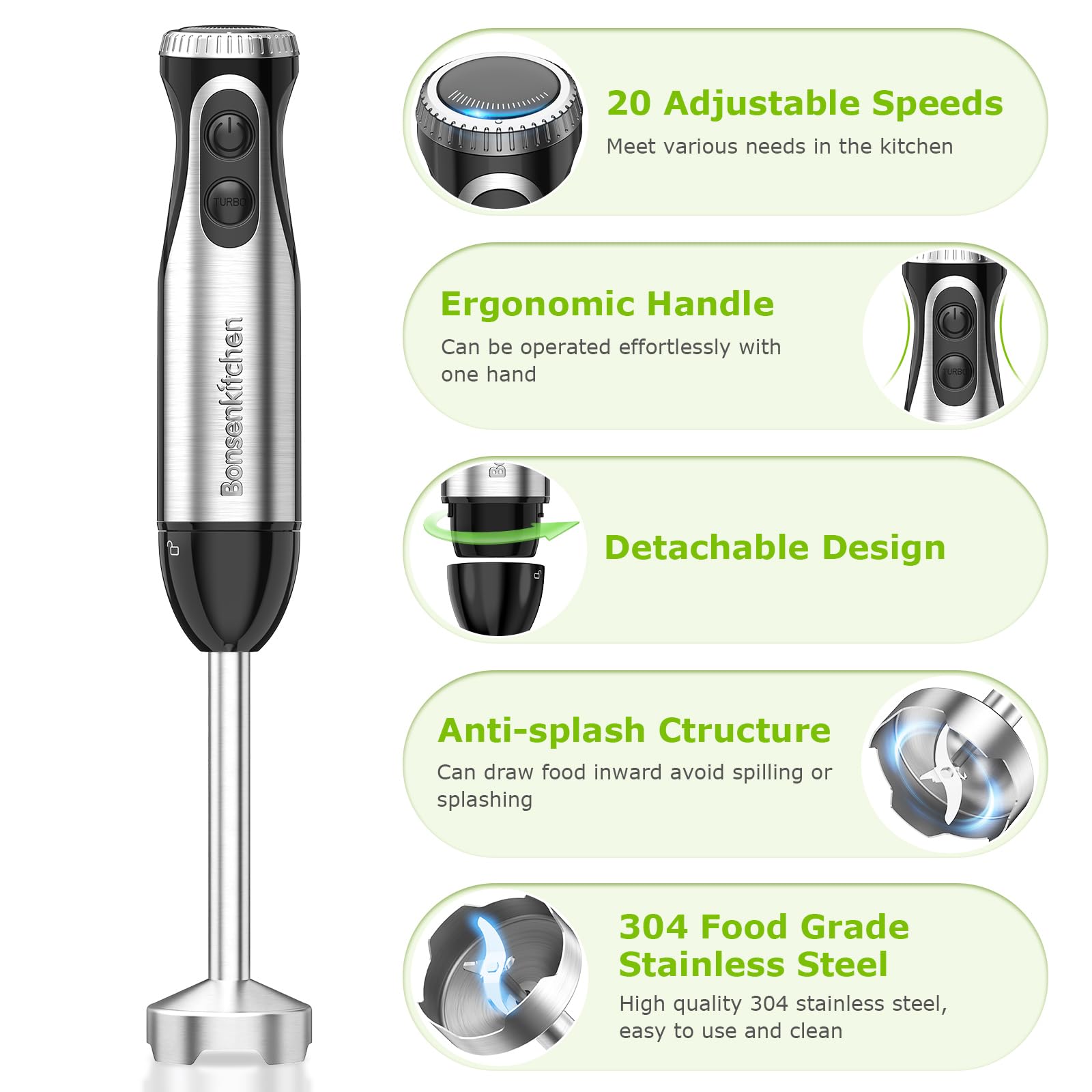 Bonsenkitchen Batidora Inmersa con turbo para triturar hielo con facilidad