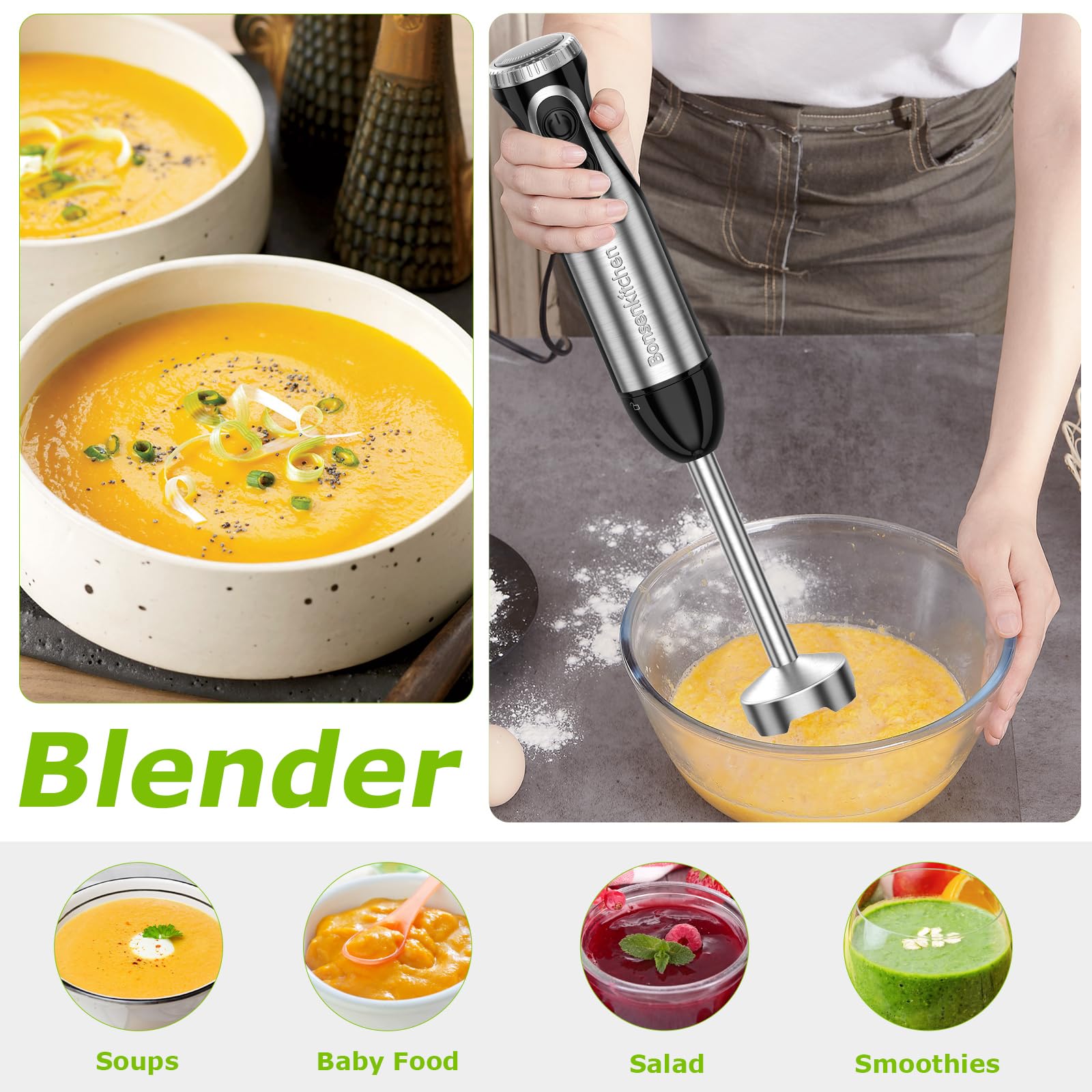 Bonsenkitchen Batidora Inmersa con varita antisalpicaduras para cocinar sin salpicaduras