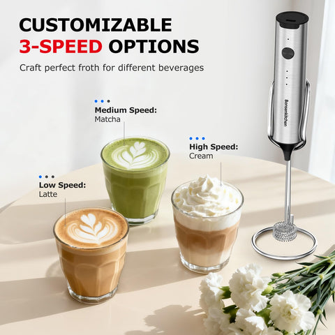 Bonsenkitchen batidora-leche-cargable con 3 velocidades para textura perfecta