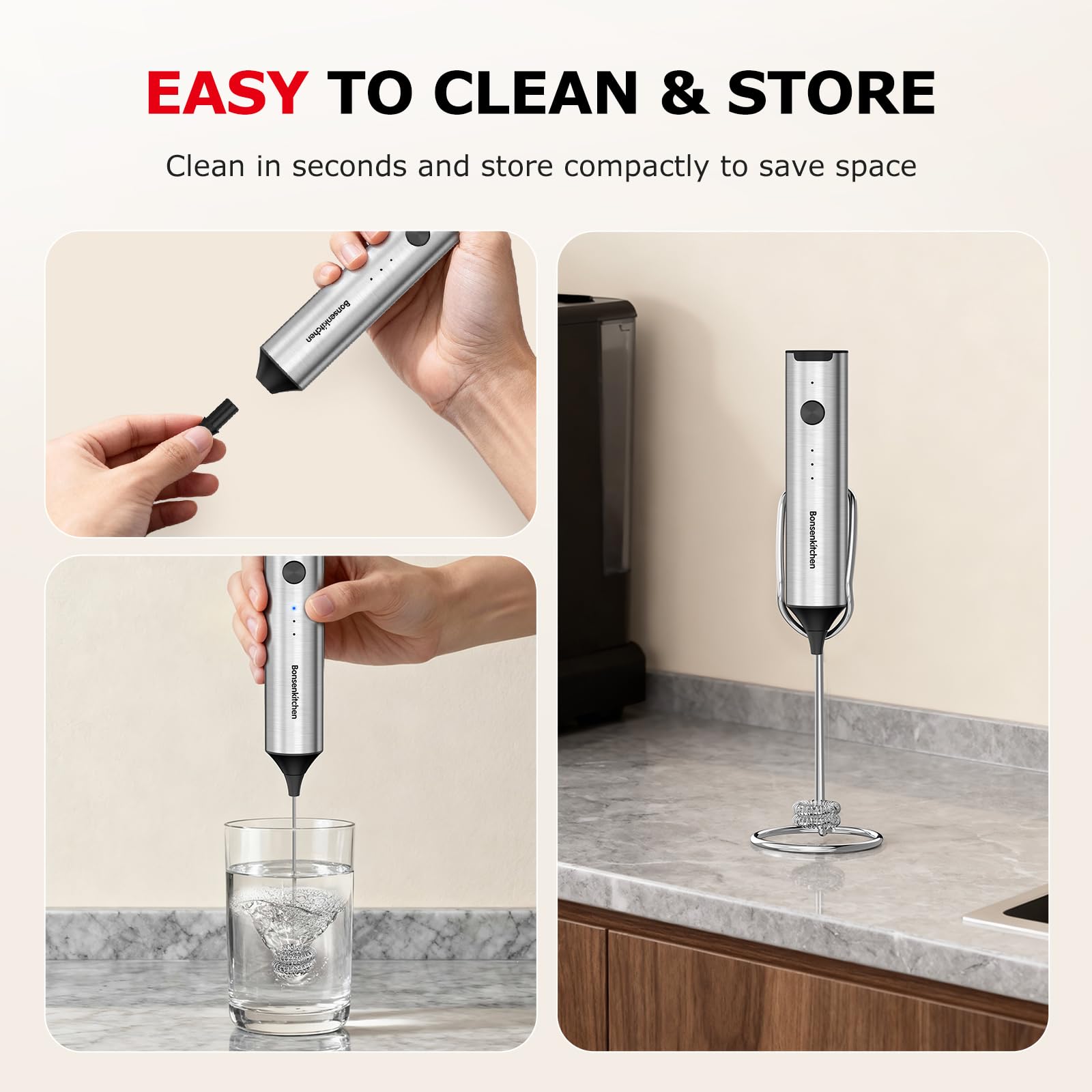 Bonsenkitchen batidora-leche-cargable diseño ergonomico para uso cómodo