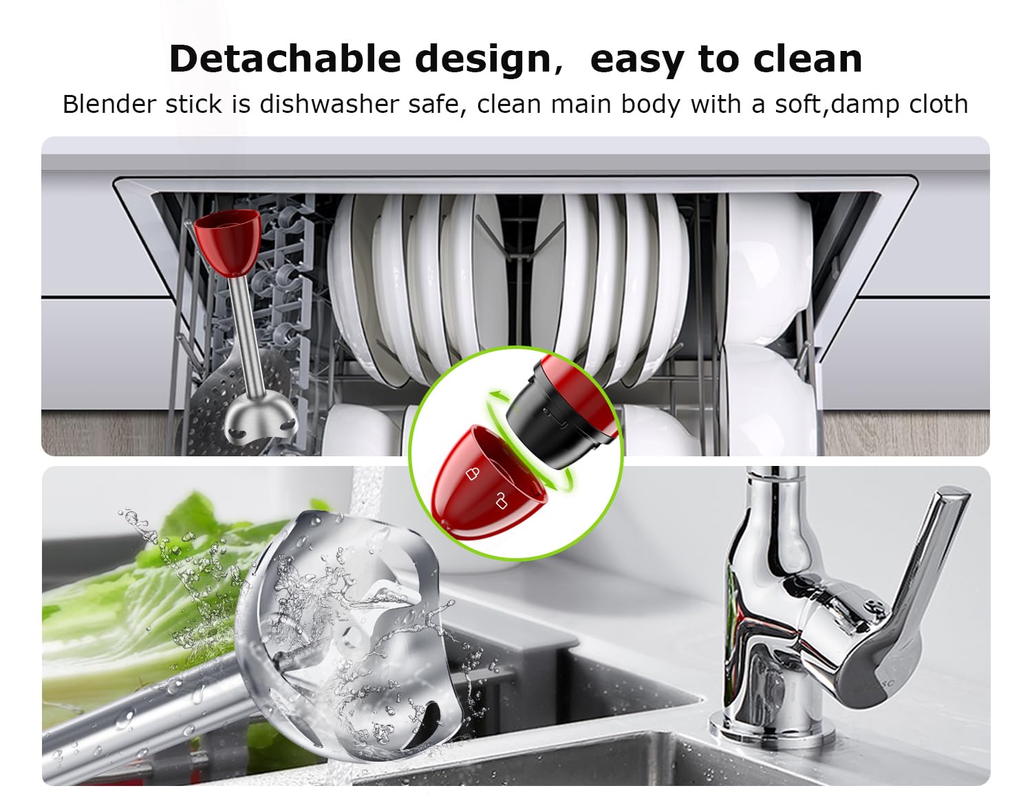 Bonsenkitchen batidora de mano con accesorios desmontables para limpieza rápida.