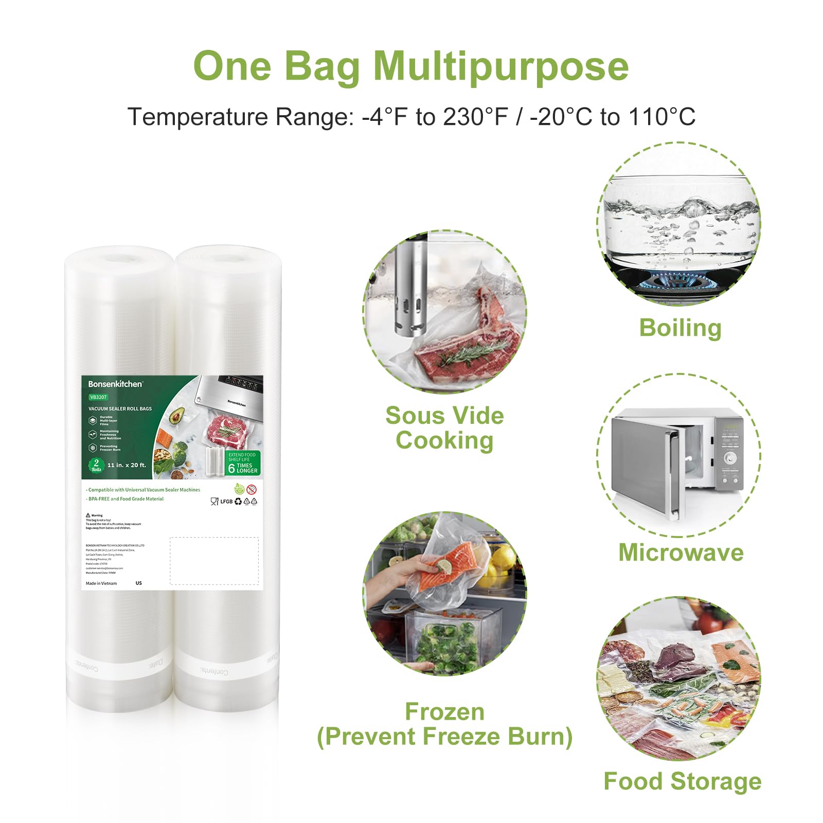 Bonsenkitchen bolsas al vacío texturadas 4 mil para sellado fuerte.