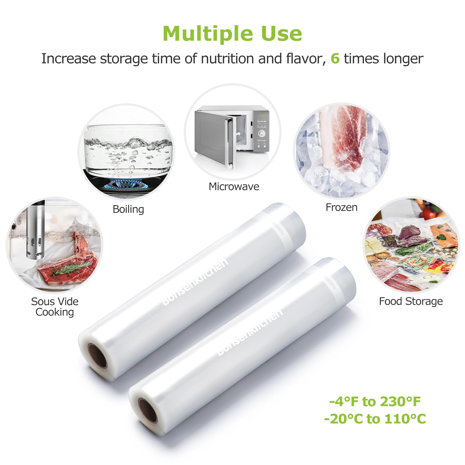 Bonsenkitchen bolsas alta resistencia 8in-20ft para sellado hermético y frescura prolongada.