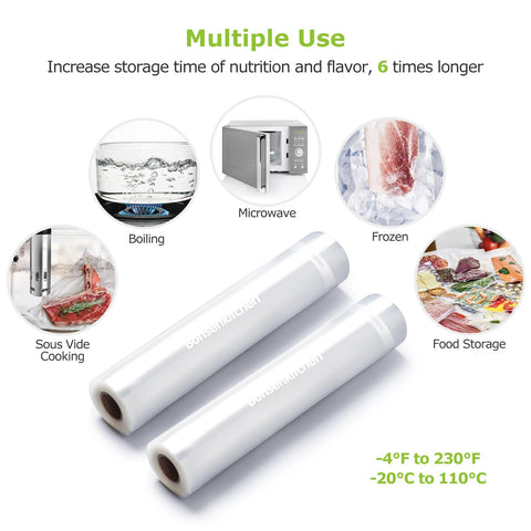 Bonsenkitchen bolsas alta resistencia 8in-20ft para sellado hermético y frescura prolongada.