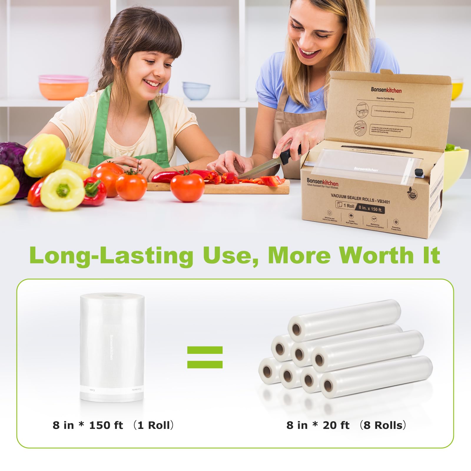 Bonsenkitchen bolsas libres de BPA aptas para microondas y congelación.