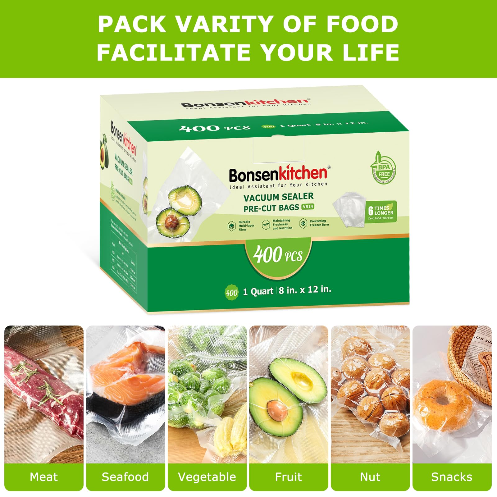 Bonsenkitchen Bolsas libres de BPA para alimentos seguros.