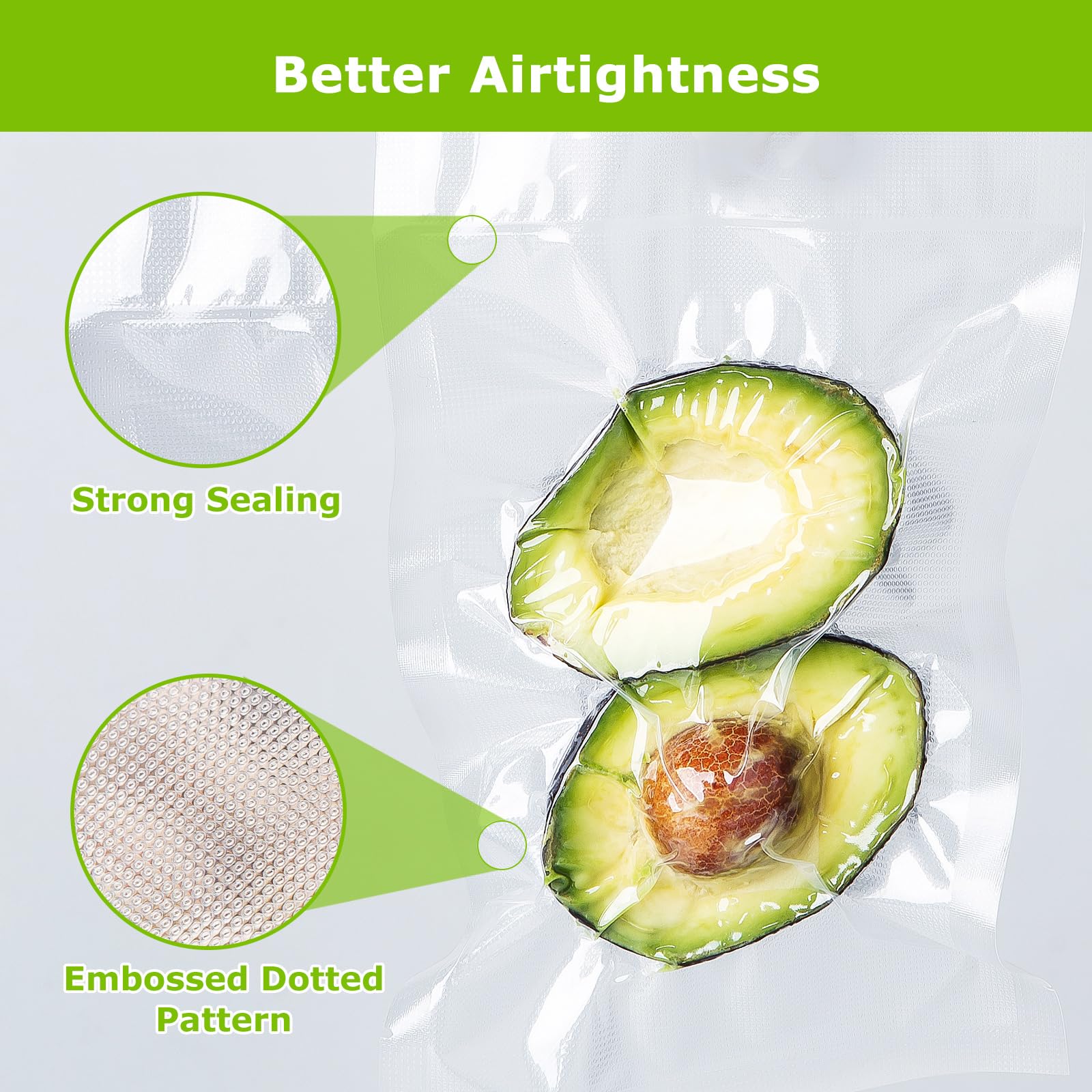 Bonsenkitchen bolsas sin BPA con canales de aire profundos para sellos fuertes.