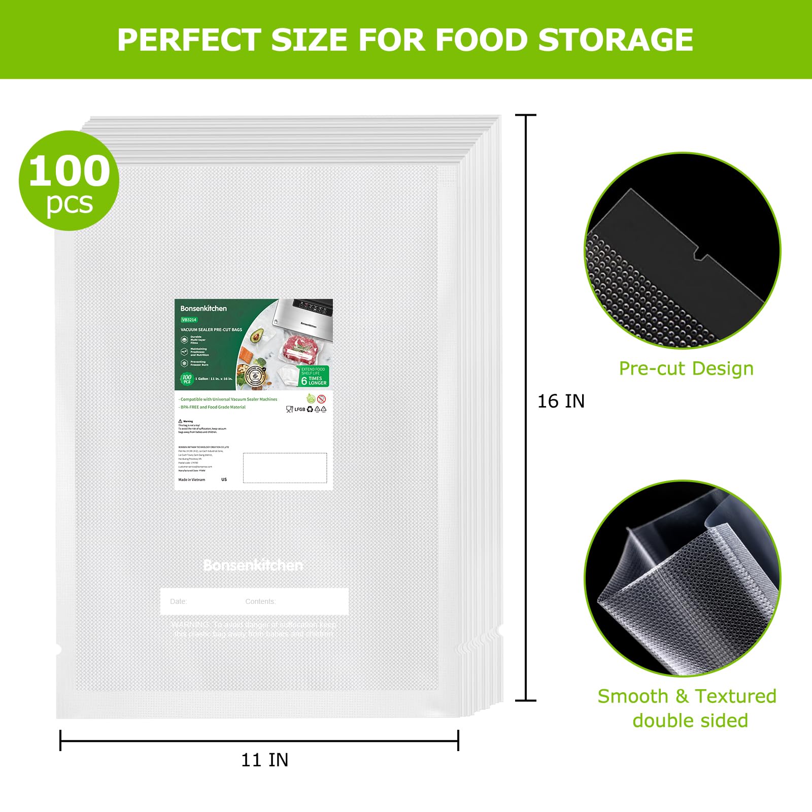 Bonsenkitchen bolsas libres de BPA de grado alimentario para almacenamiento seguro