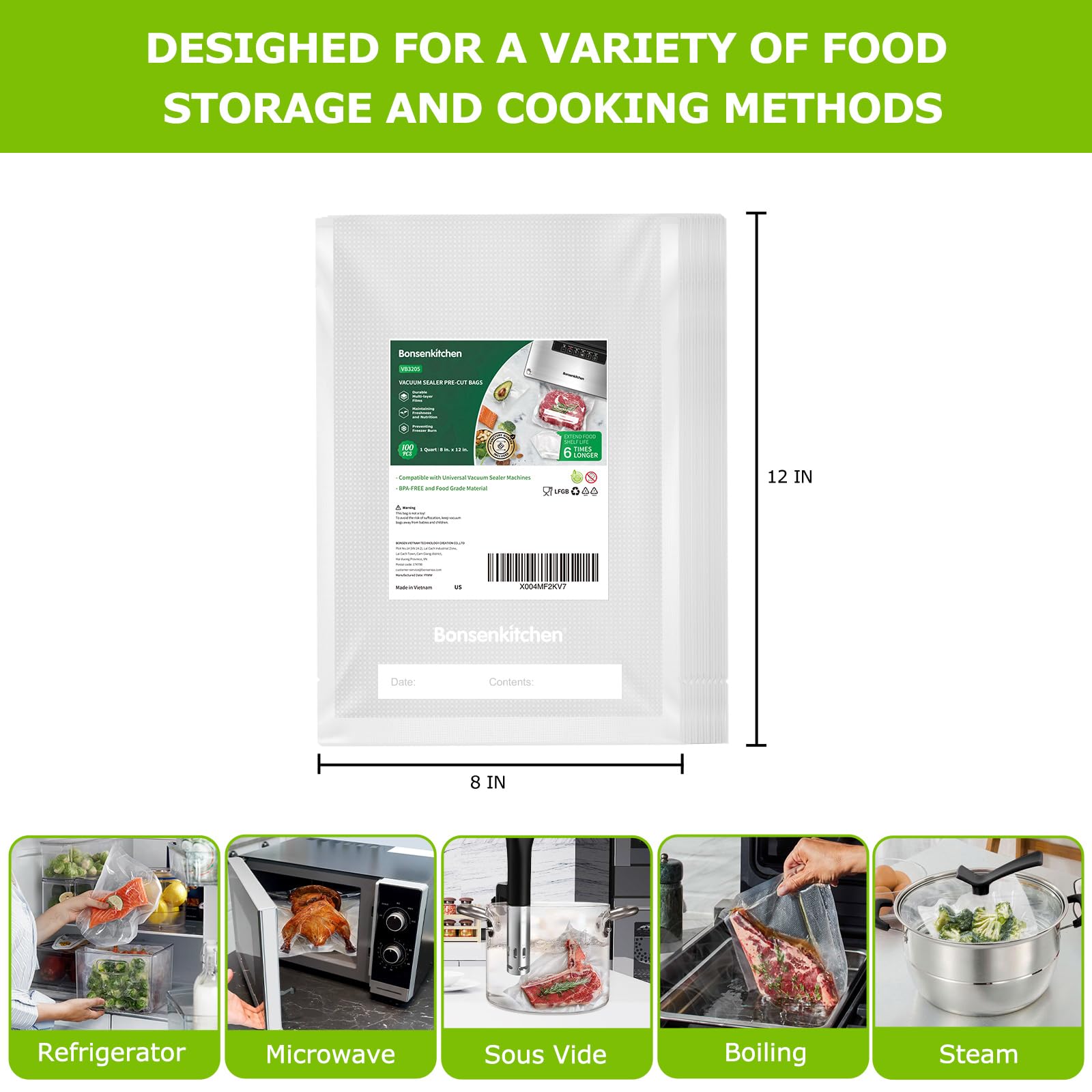 Bonsenkitchen bolsas sin BPA para almacenamiento seguro en el congelador.