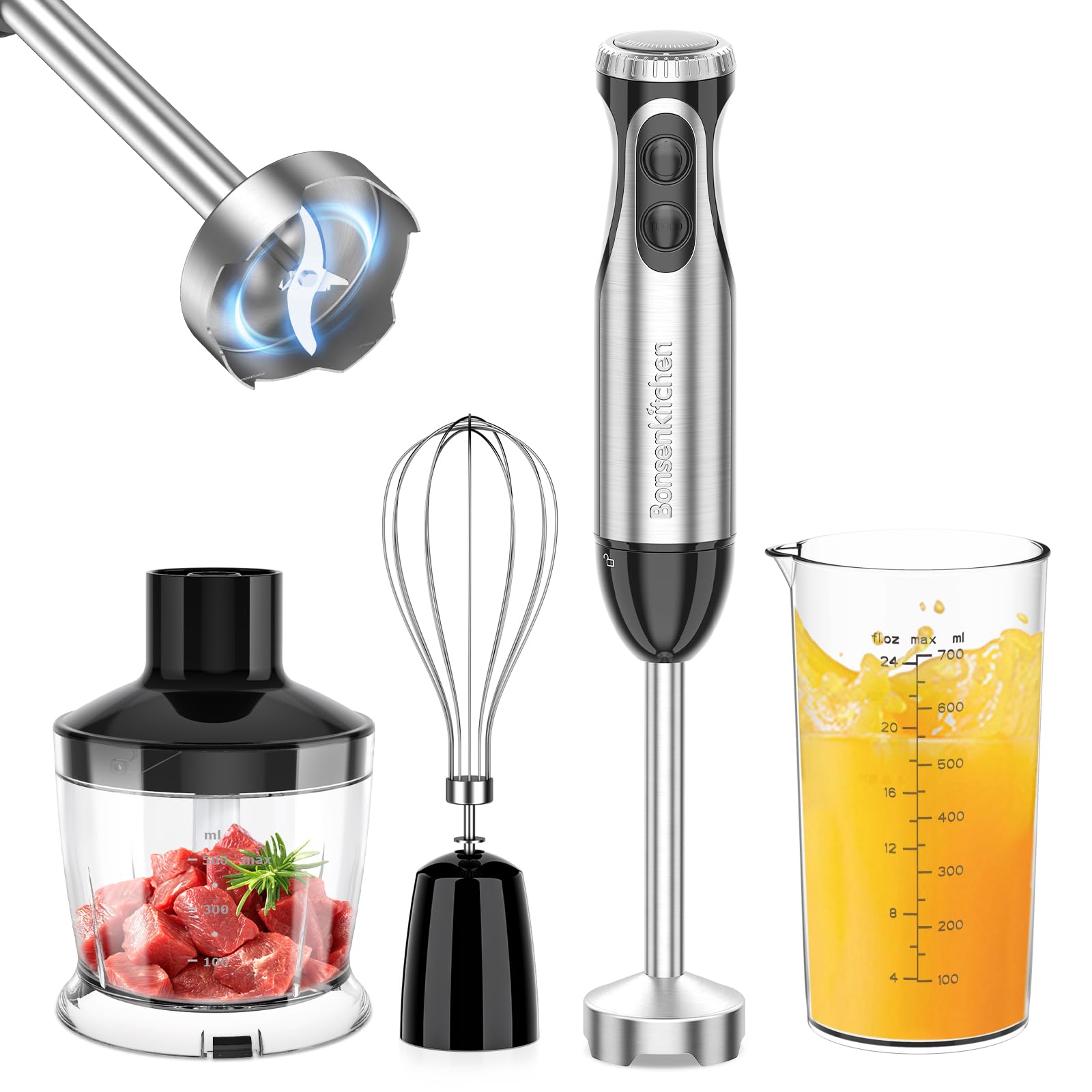 Licuadora de inmersión Bonsenkitchen cuatro-en-1 para batidos y sopas.