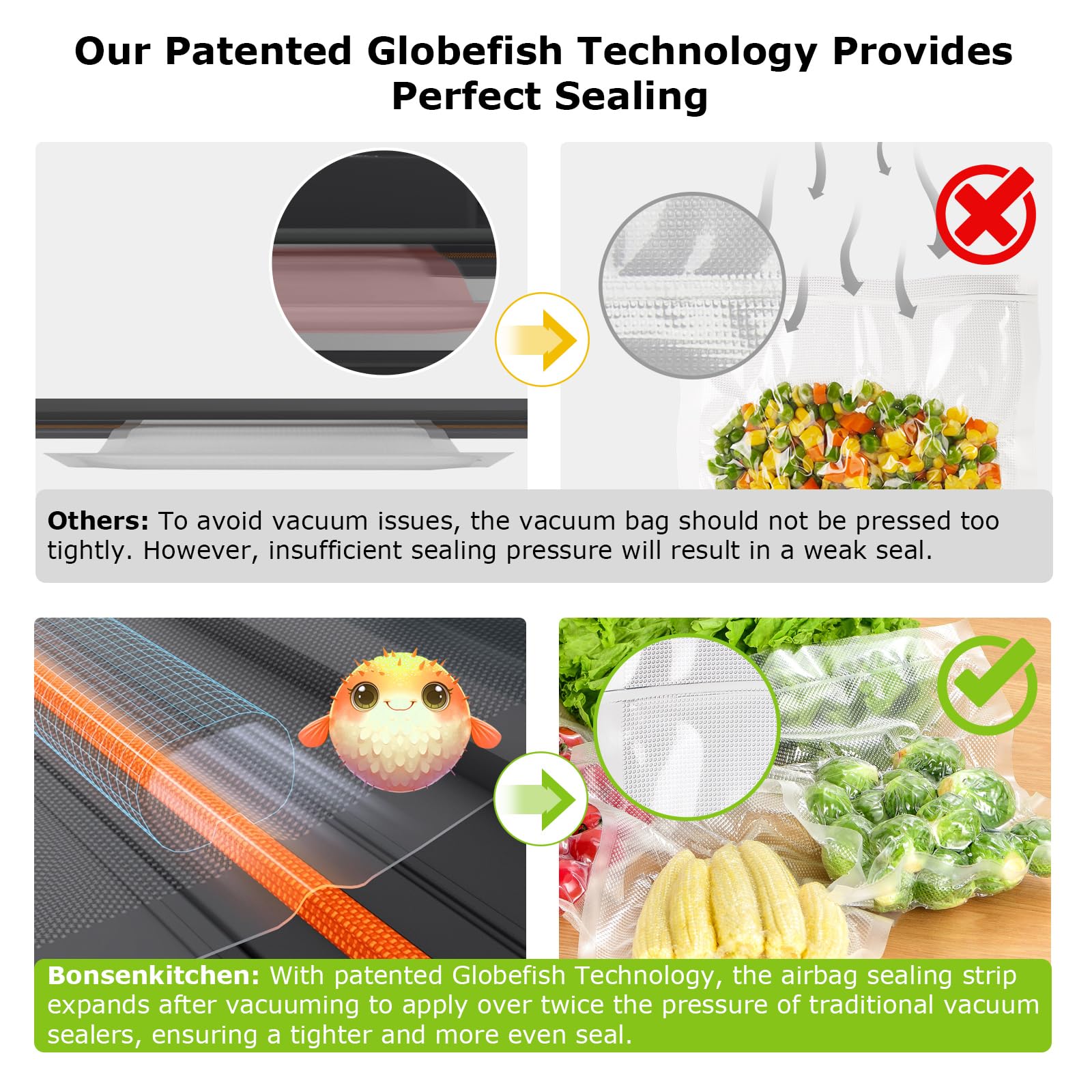 Bonsenkitchen modos Vacío y Sellar, Pulse Vac y Sellado Extendido para alimentos