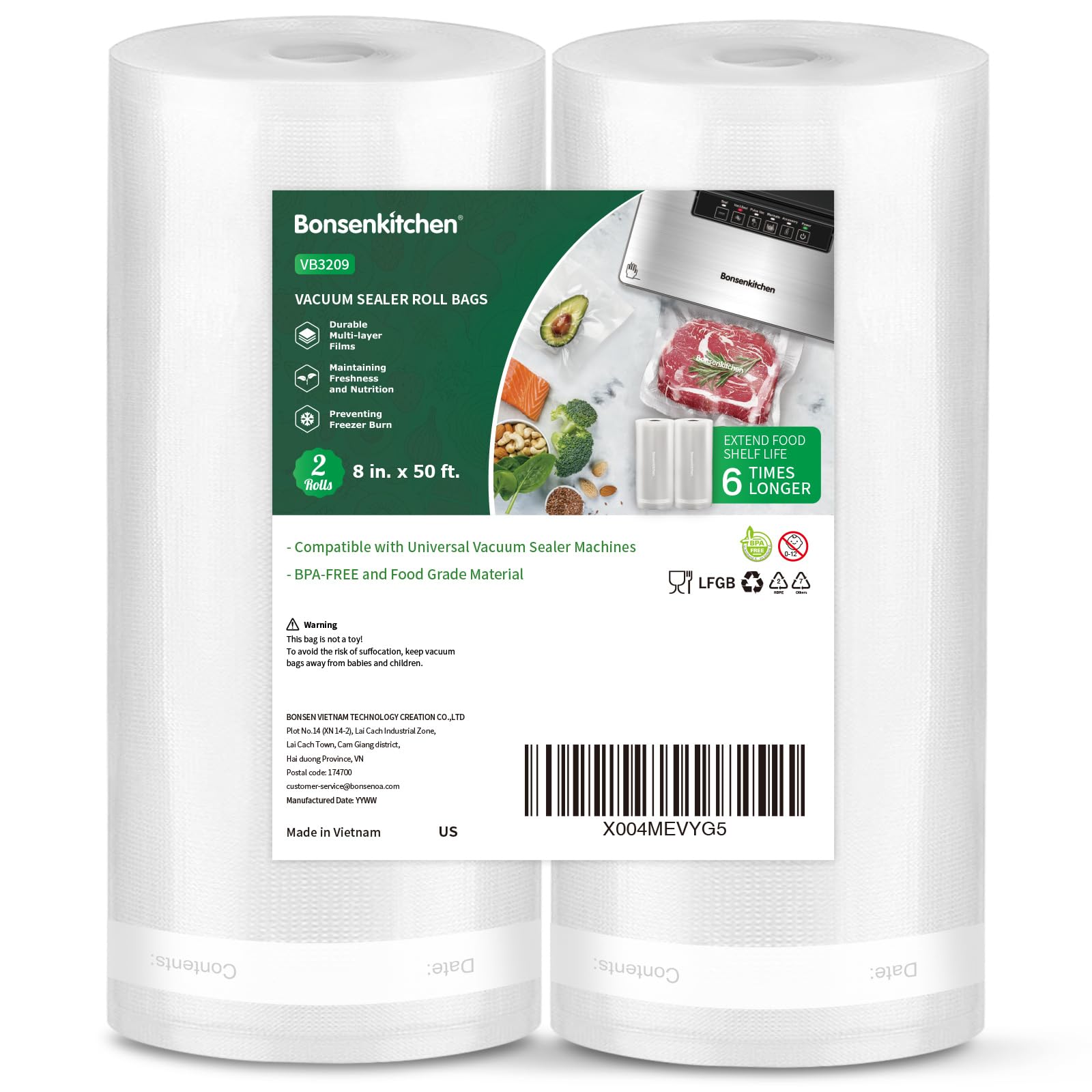Bonsenkitchen rollos 8x50, permiten almacenar porciones grandes para refrigerar fácilmente