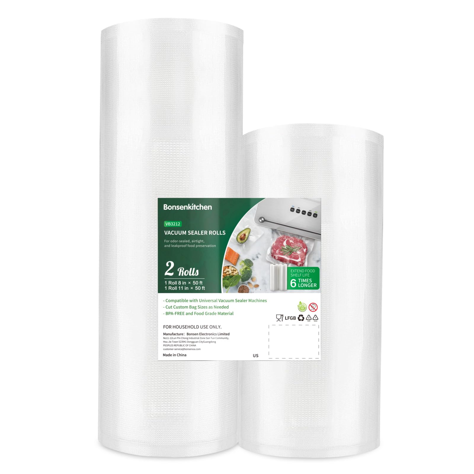 Bonsenkitchen rollos al vacío 8x50 para conservar alimentos con frescura