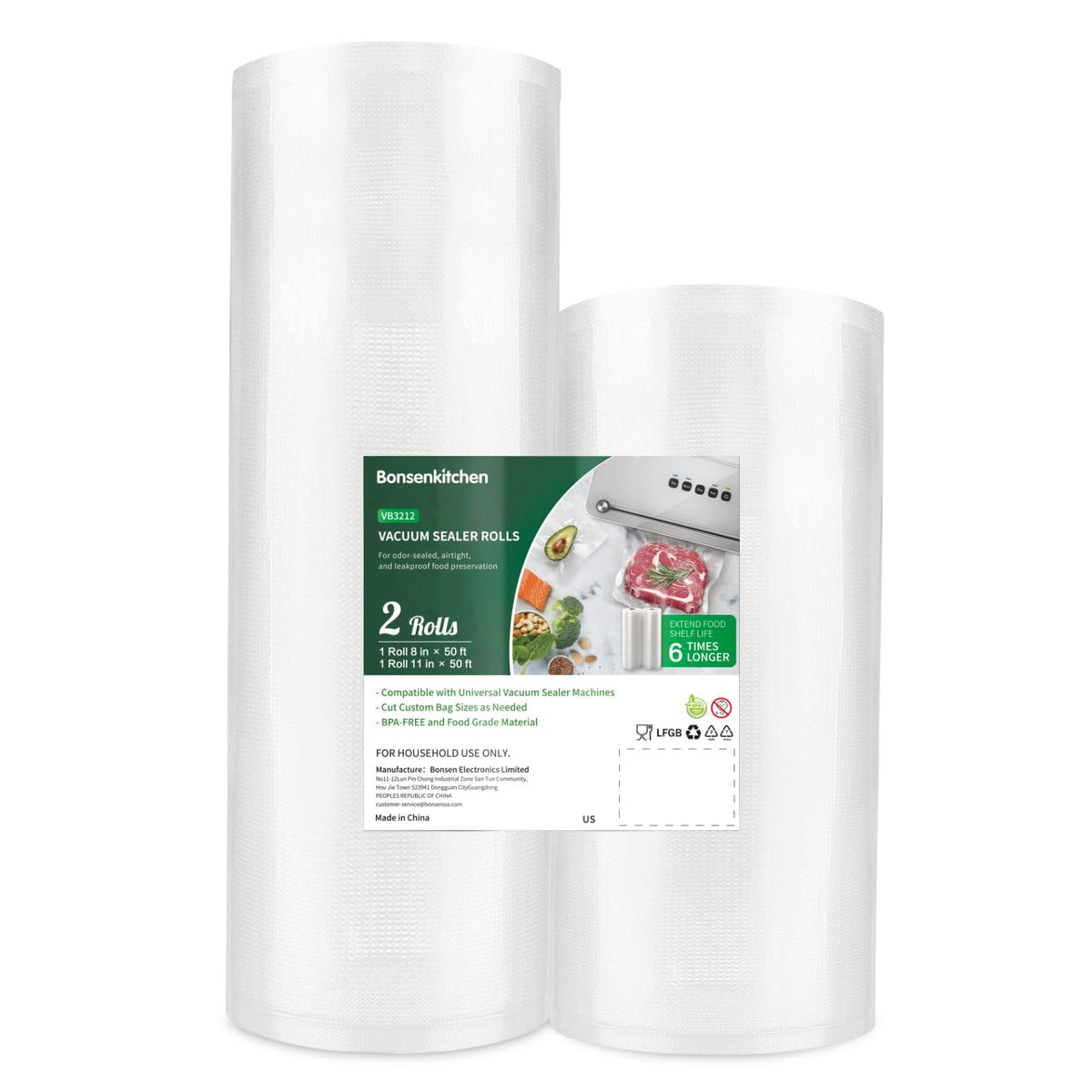 Bonsenkitchen rollos al vacío 8x50 para conservar alimentos con frescura