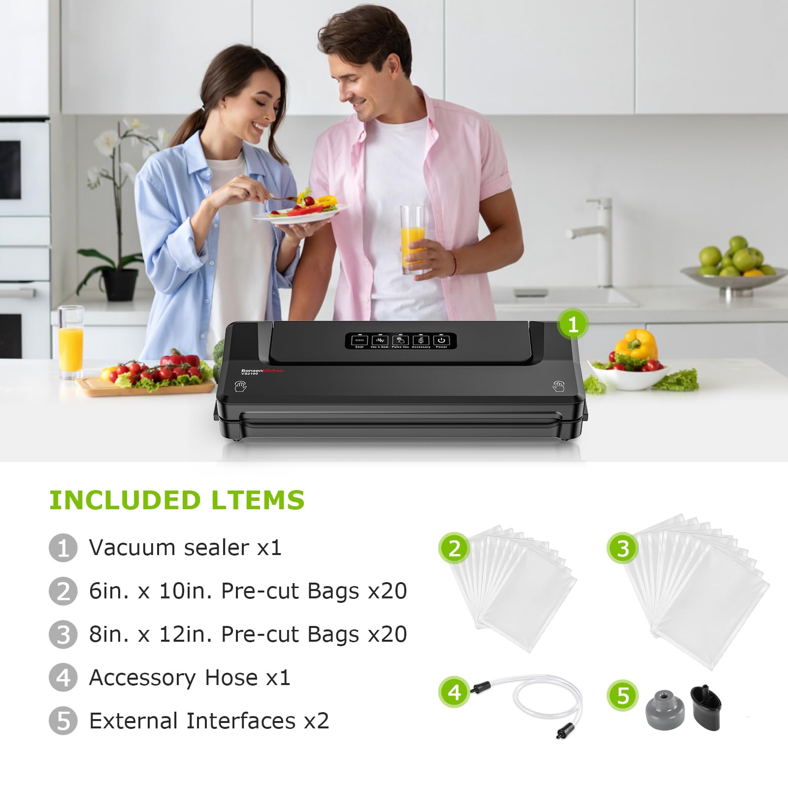 Bonsenkitchen sealadora en modo pulso para alimentos húmedos sin desbordes