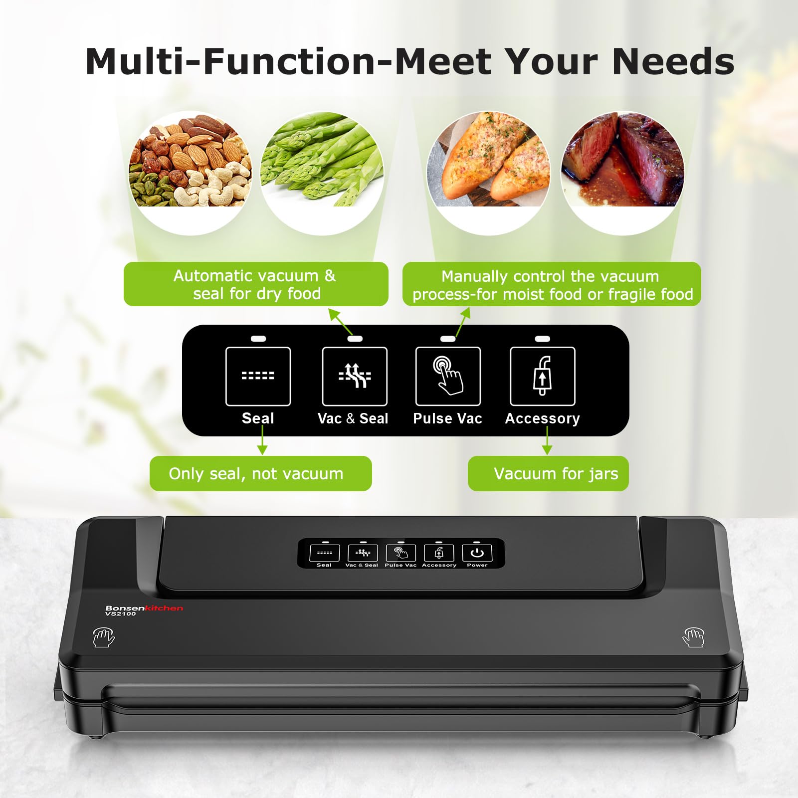 Bonsenkitchen en modo vaciar y sellar para conservar alimentos sin deformaciones