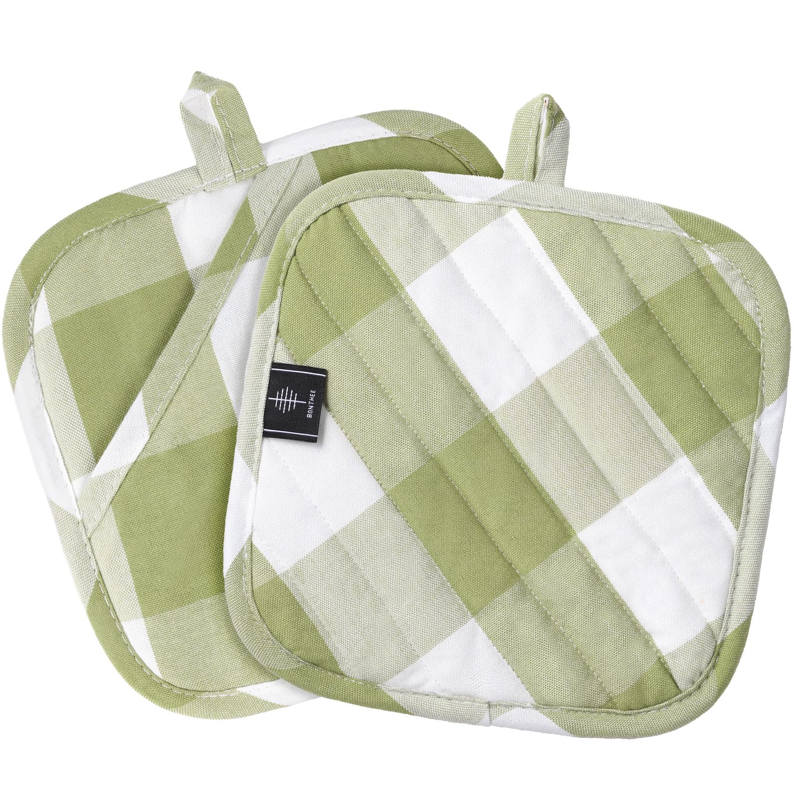 Manoplas BONTHEE para ollas, diseño verde a cuadros y agarre seguro.