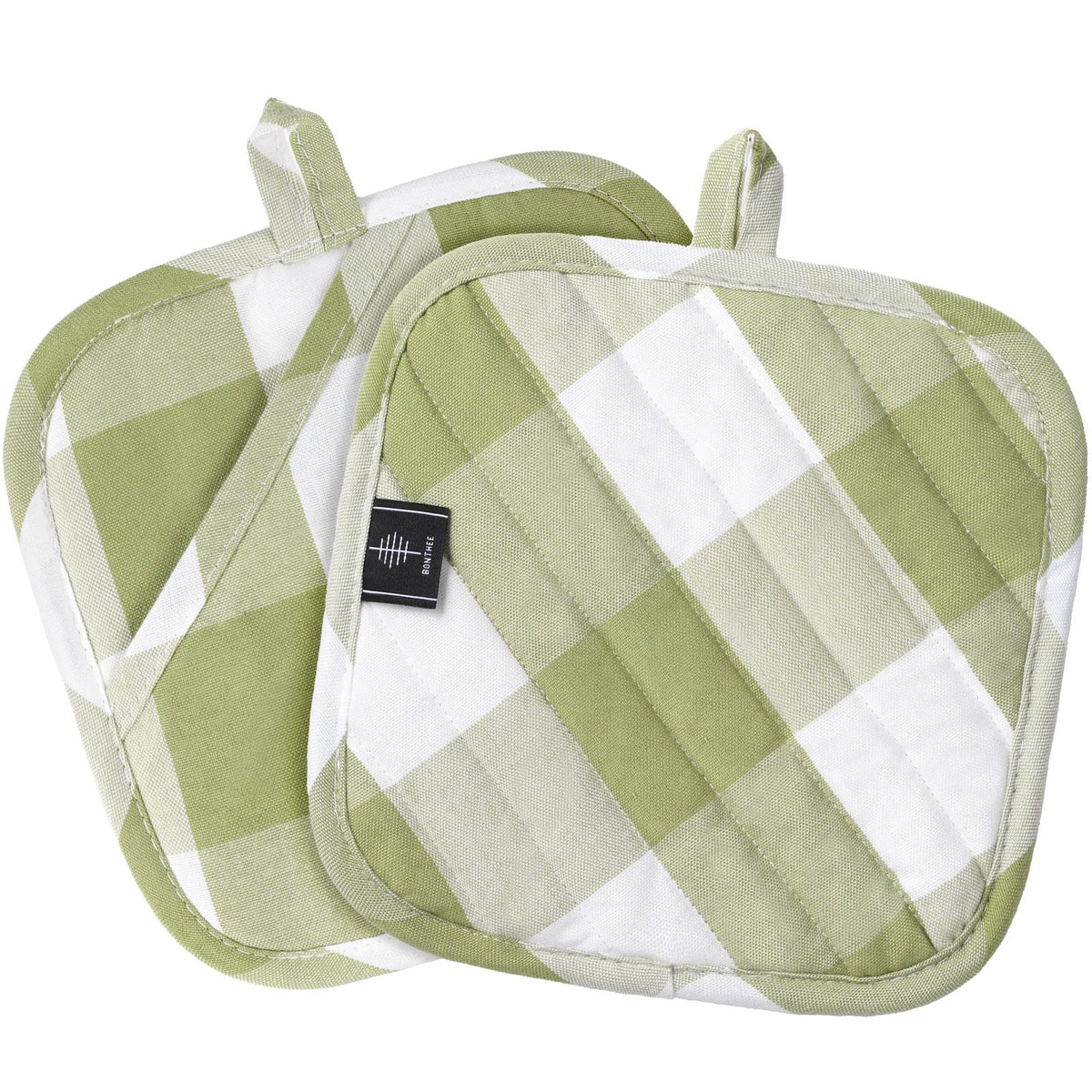 Manoplas BONTHEE para ollas, diseño verde a cuadros y agarre seguro.