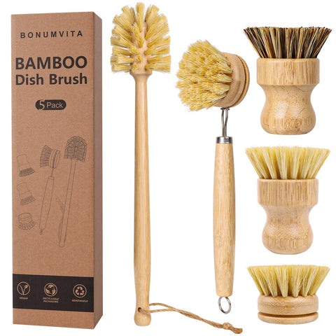 BONUMVITA pack de 5 cepillos de bambú para limpieza general en la cocina