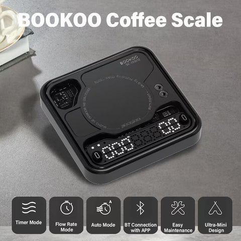 BOOKOO Escala muestra tiempo y peso para cronometrar extracciones manuales.