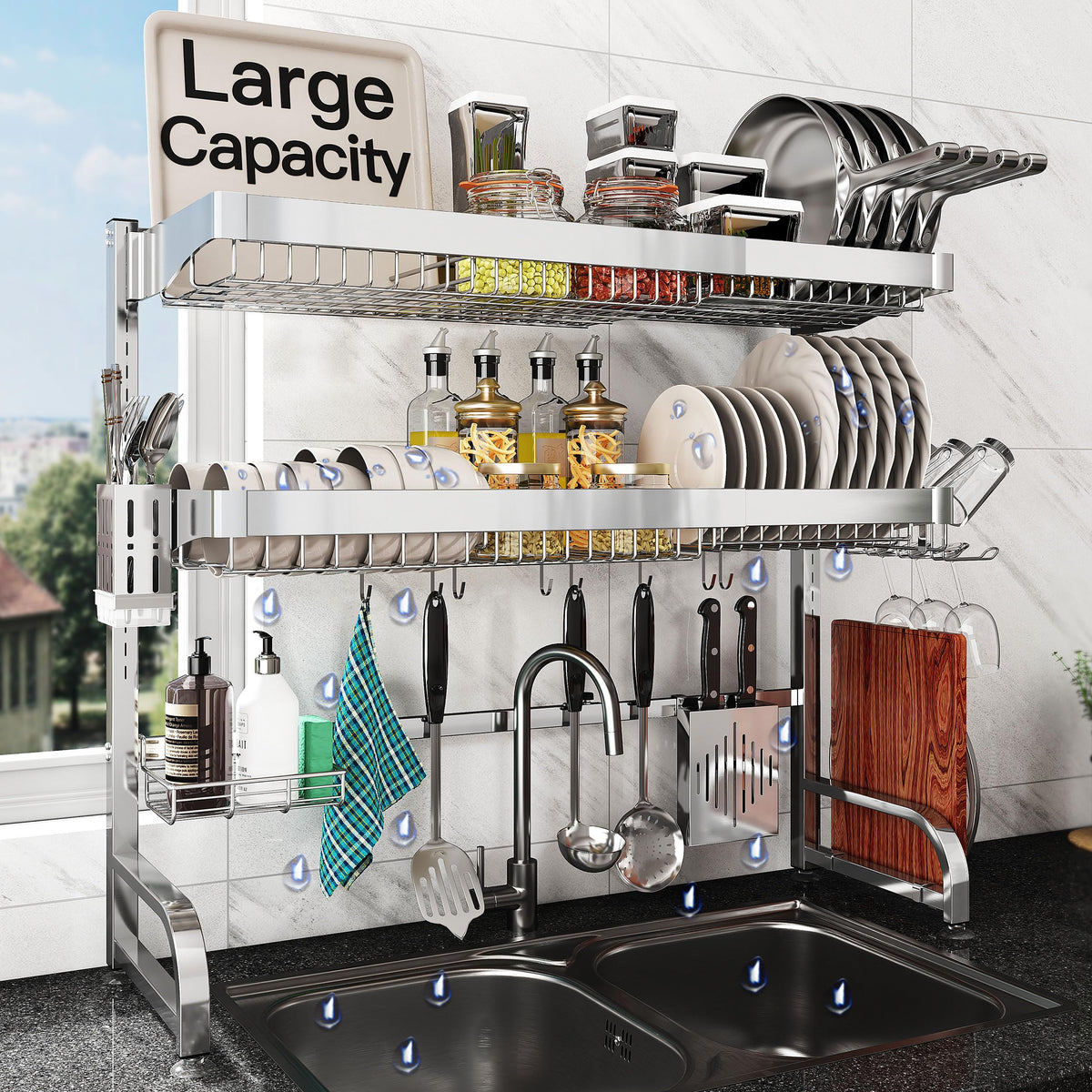 BOOSINY escurridor fregadero 3 niveles extendible para ahorrar espacio al cocinar.