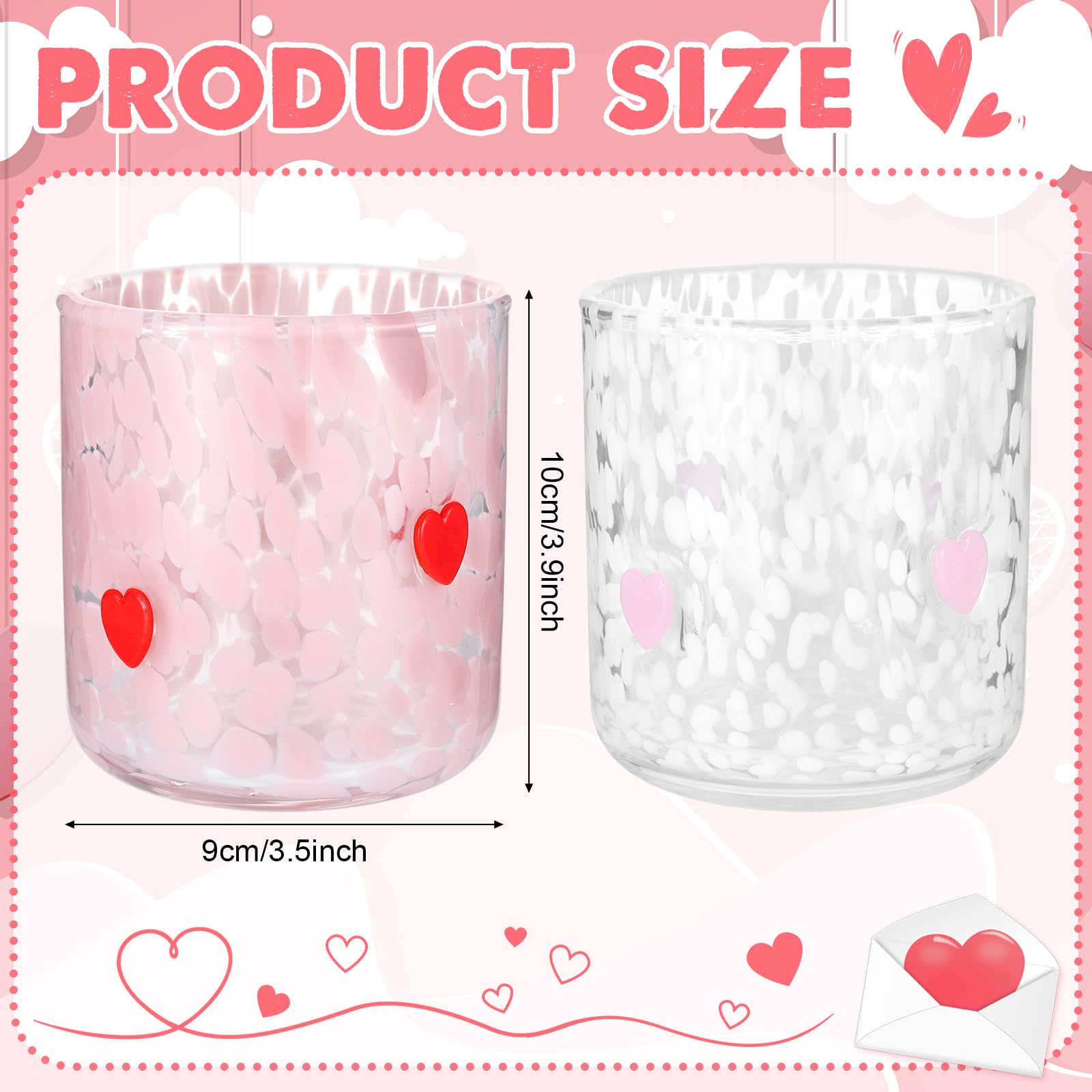 Diseño de corazón rosa y rojo en vasos Booson para cenas.