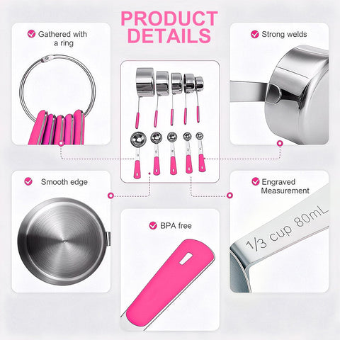 Bopei conjunto de medición de acero inoxidable, diez piezas, con diseño apilable y acabado rosa.
