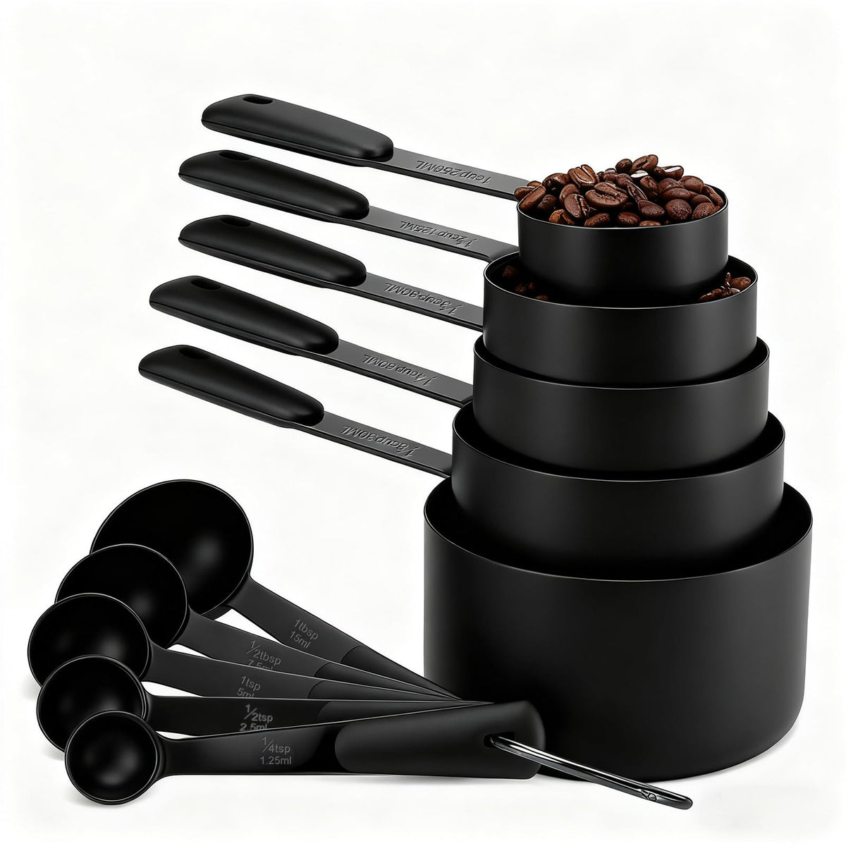 Bopei juego de tazas y cucharas medidoras con titanio negro mate para cocina precisa