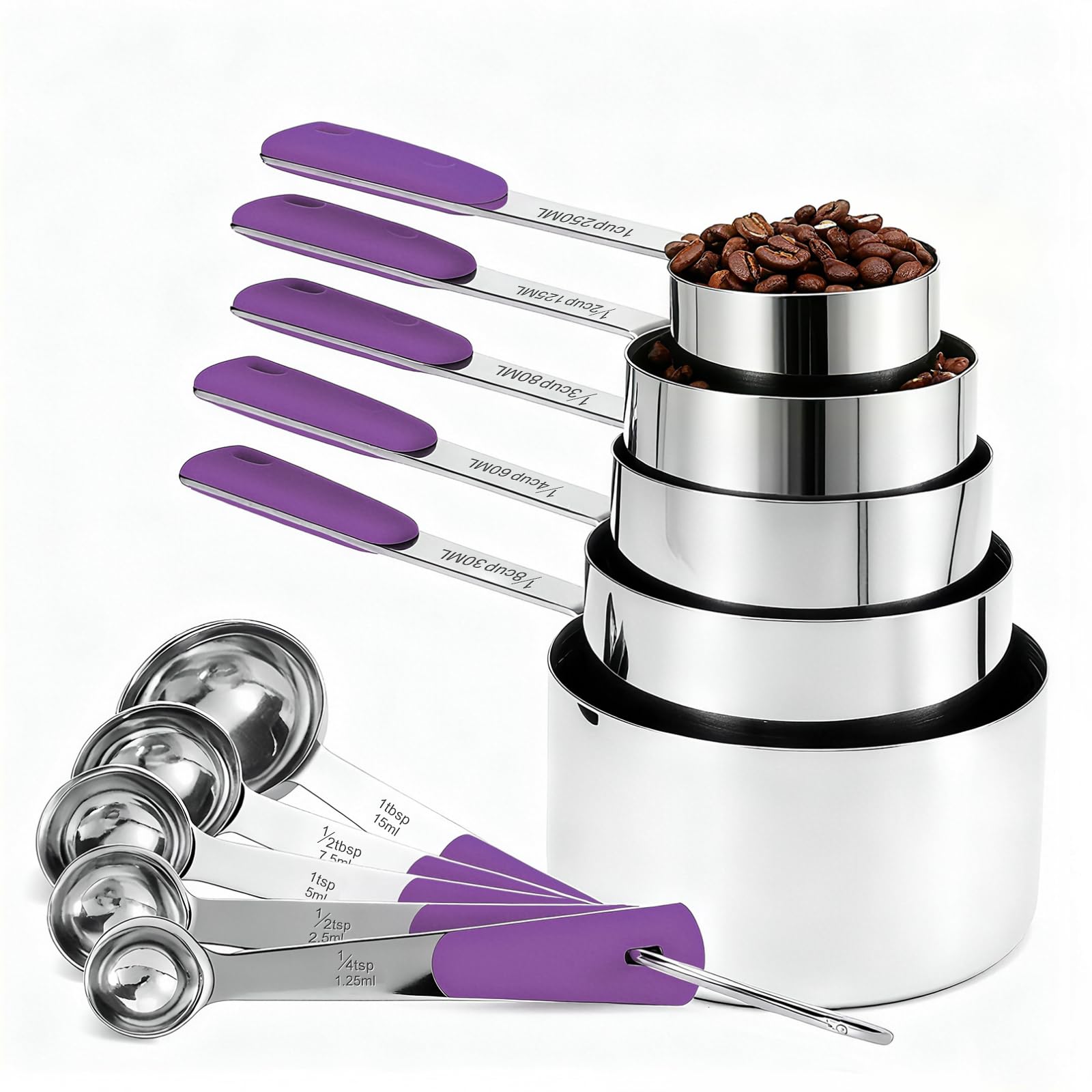 Bopei conjunto de tazas y cucharas en acero inoxidable para ordenar la cocina.