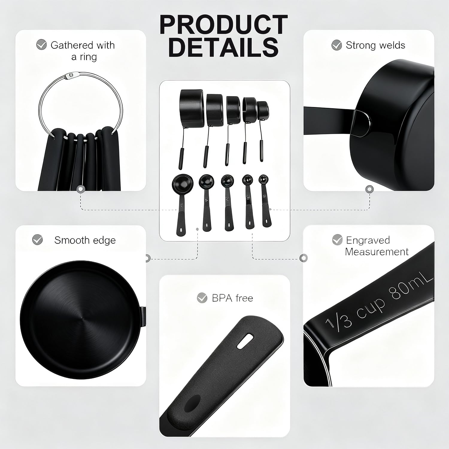 Bopei cucharas medidoras con acabado titanio negro mate y durabilidad