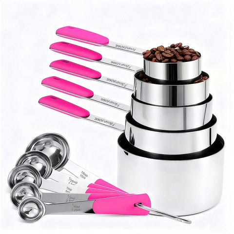 Bopei tazas de medición de acero inoxidable con mango rosa para precisión en cocina.