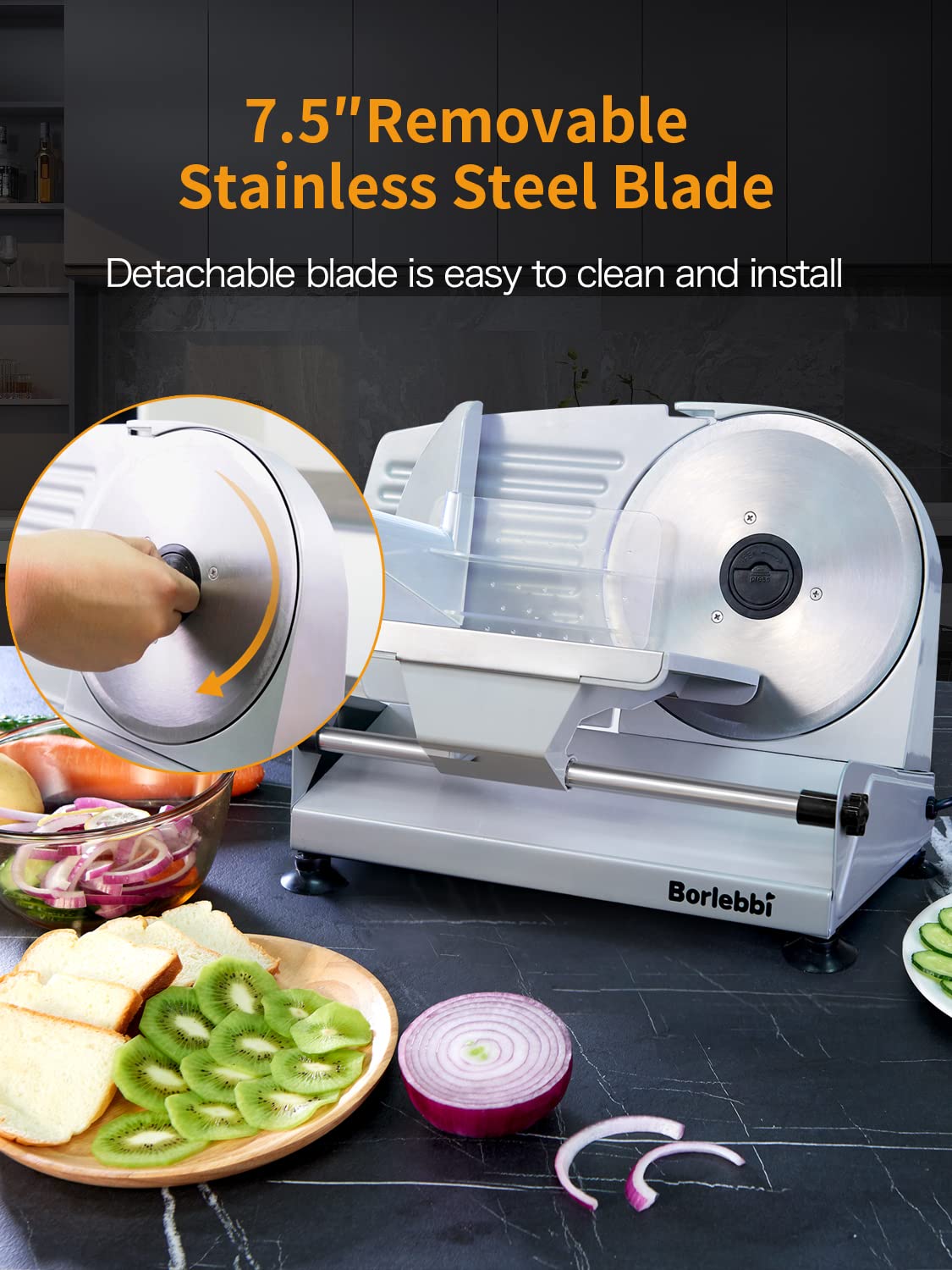 Cortadora de carne Borlebbi con ajuste de grosor 0-15 mm para rebanadas precisas.