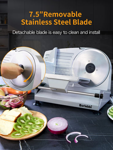 Cortadora de carne Borlebbi con ajuste de grosor 0-15 mm para rebanadas precisas.