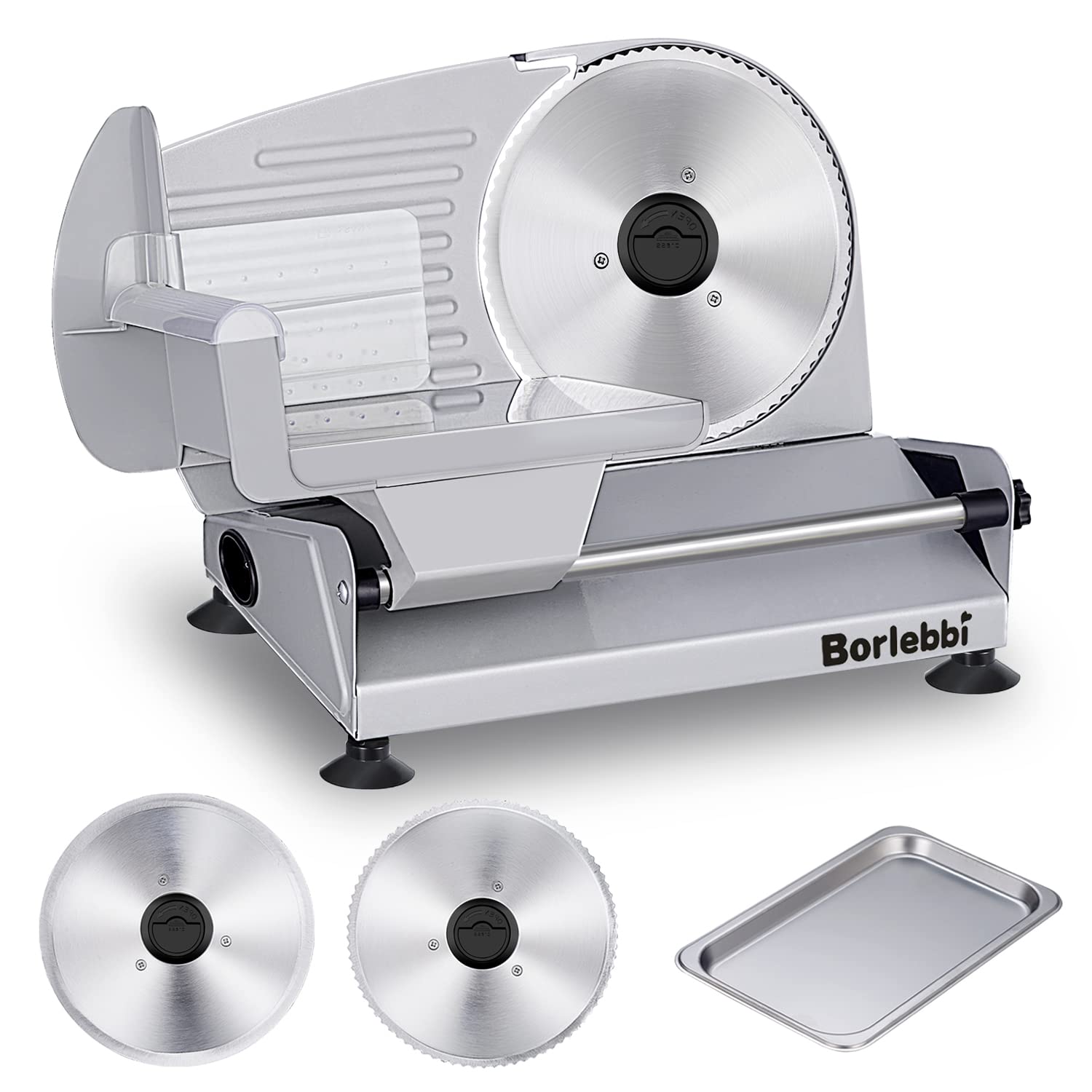 Cortadora de carne Borlebbi muestra potencia de 200W para cortes rápidos y uniformes.