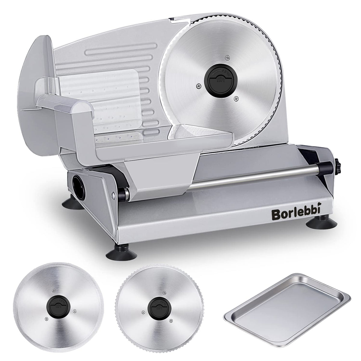 Cortadora de carne Borlebbi muestra potencia de 200W para cortes rápidos y uniformes.
